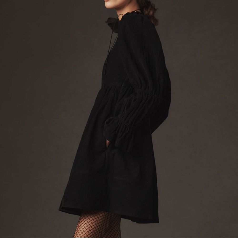 Square Neck Black Corduroy Mini Dress - image 2